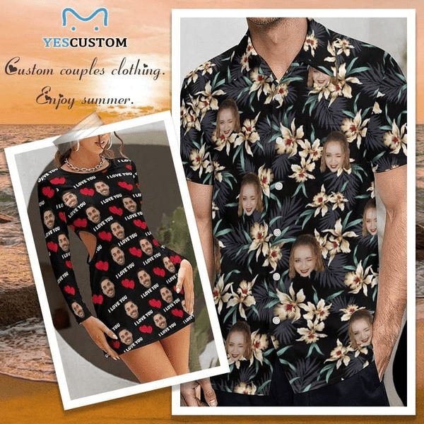 Custom Custom Face Couple Hawaiian Shirt&Dress Lily Flowers Casual Men Front Pocket Shortsleeve Beach Pocket Hawaiian Shirt Boyfriend Gift - YesCustom