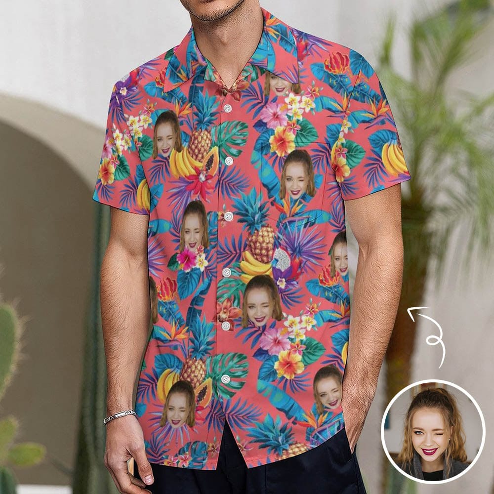 Custom Custom Face Couple Hawaiian Shirt&Dress Tropical Fruits Men Front Pocket Shortsleeve Beach Pocket Hawaiian Shirt Honeymoons Boyfriend Gift - YesCustom