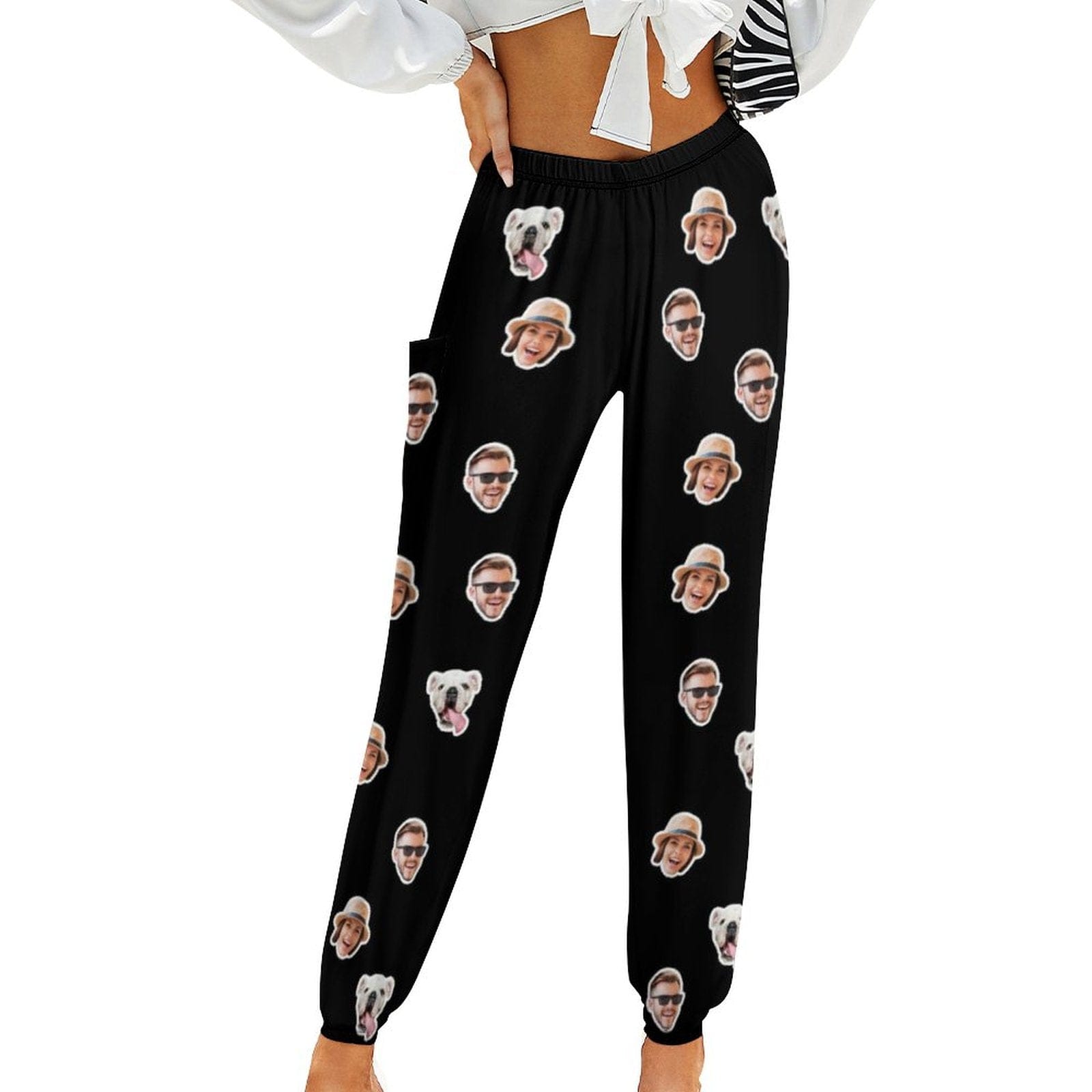 Custom Custom Face Couple Pet Black Background Women's Jogger Casual Trousers Elastic Waist Sports Pants With Pocket - YesCustom