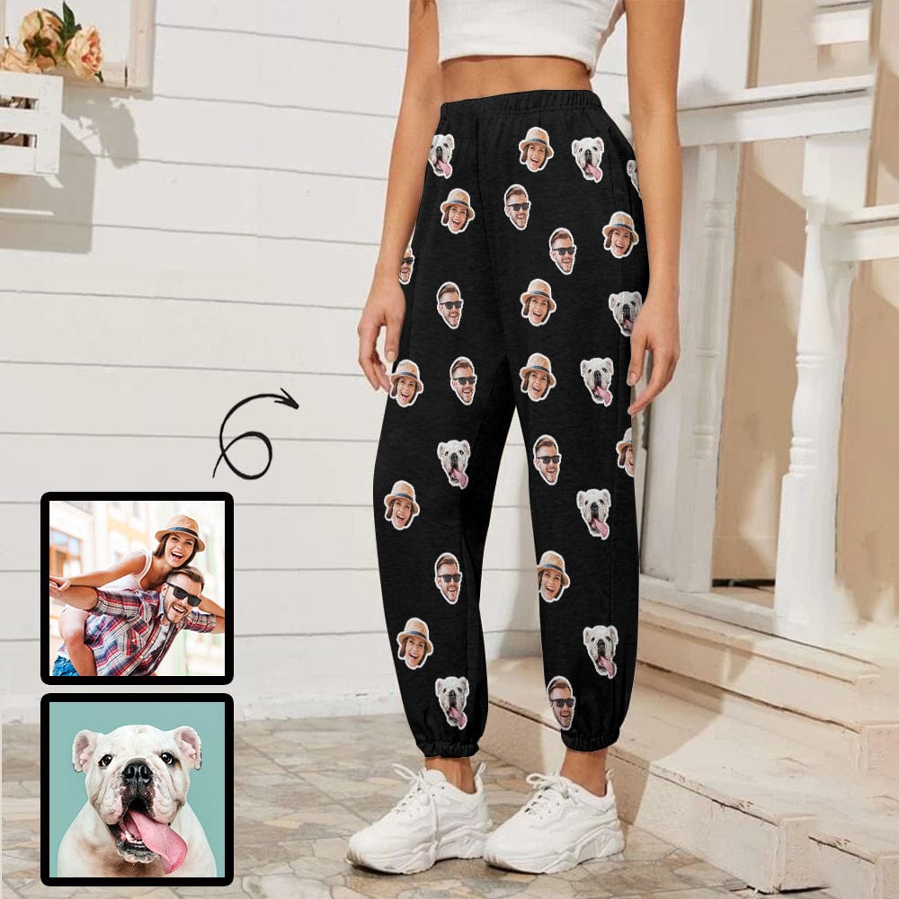 Custom Custom Face Couple Pet Black Background Women's Jogger Casual Trousers Elastic Waist Sports Pants With Pocket - YesCustom