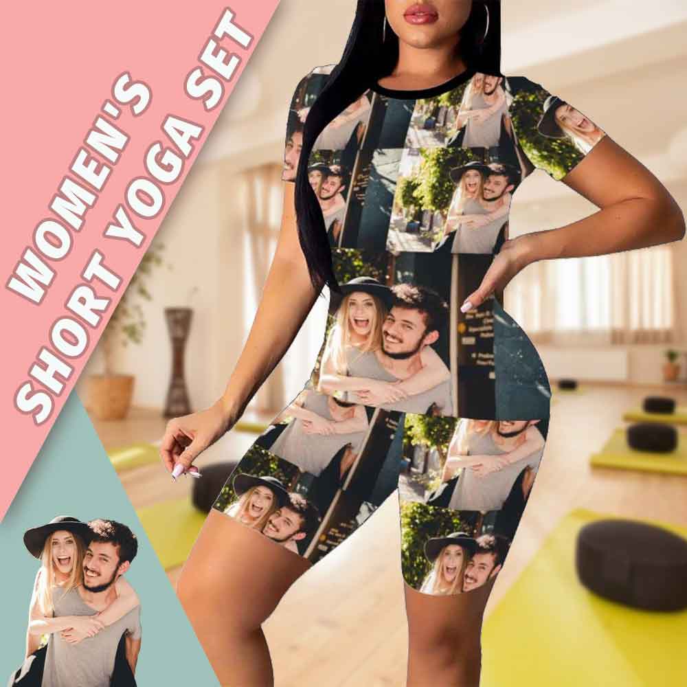 Custom Custom Face Couple Photo Women's Short Yoga Set - YesCustom