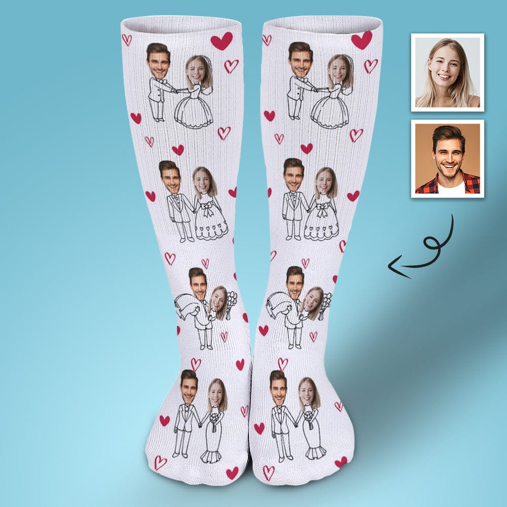 Custom Custom Face Couple Sublimated Crew Socks Heart Wedding Socks Personalized Funny Photo Socks Gift - YesCustom