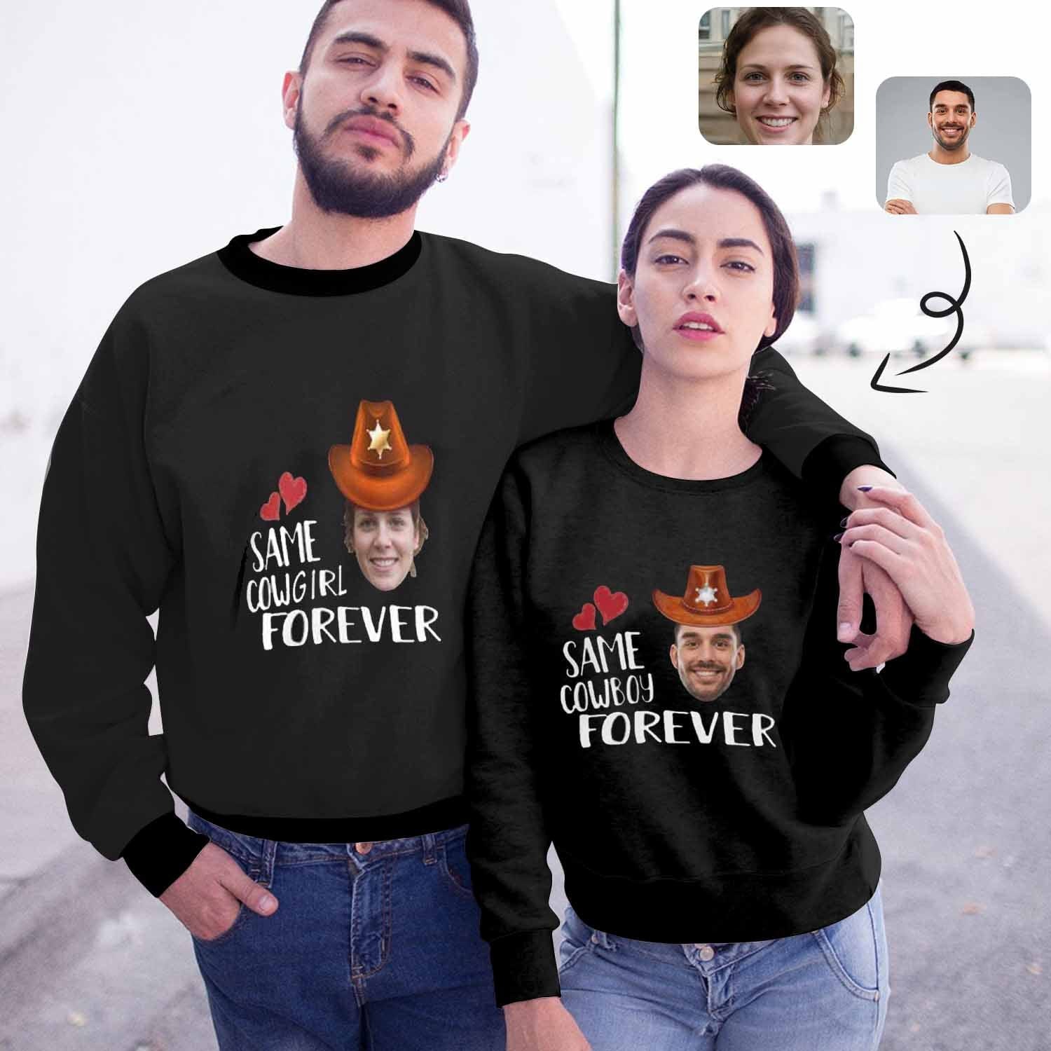 Custom Custom Face Couple Sweatshirt Personalized Cowboy Matching Loose Sweatshirt for Him and Her Unisex Couple Crewneck Long Sleeve T-shirt - YesCustom