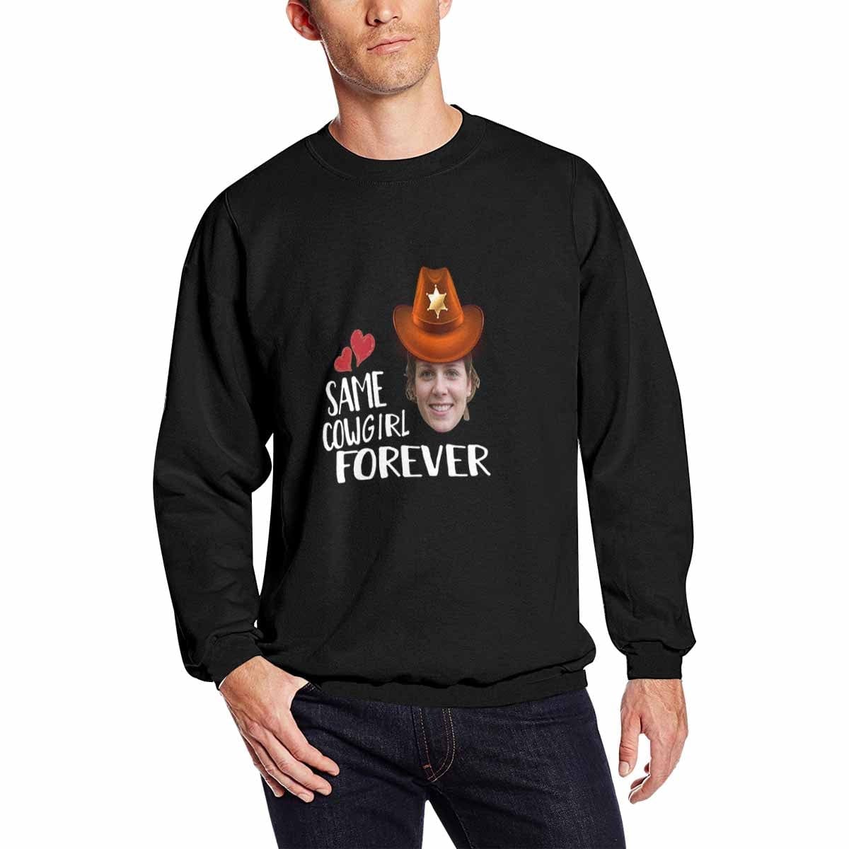 Custom Custom Face Couple Sweatshirt Personalized Cowboy Matching Loose Sweatshirt for Him and Her Unisex Couple Crewneck Long Sleeve T-shirt - YesCustom