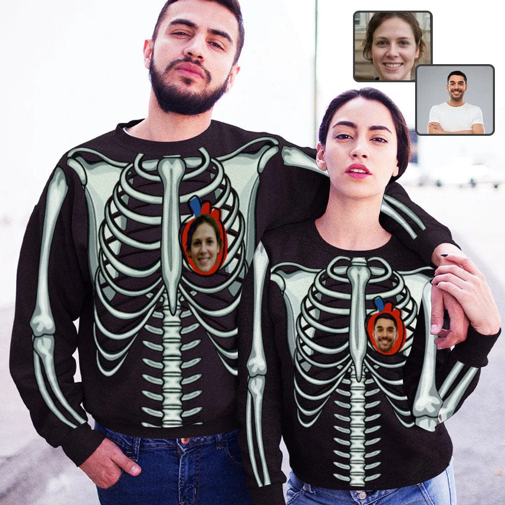 Custom Custom Face Couple Sweatshirt Personalized Halloween Bones Heart Matching Loose Sweatshirt for Him and Her Unisex Couple Crewneck Long Sleeve T-shirt - YesCustom