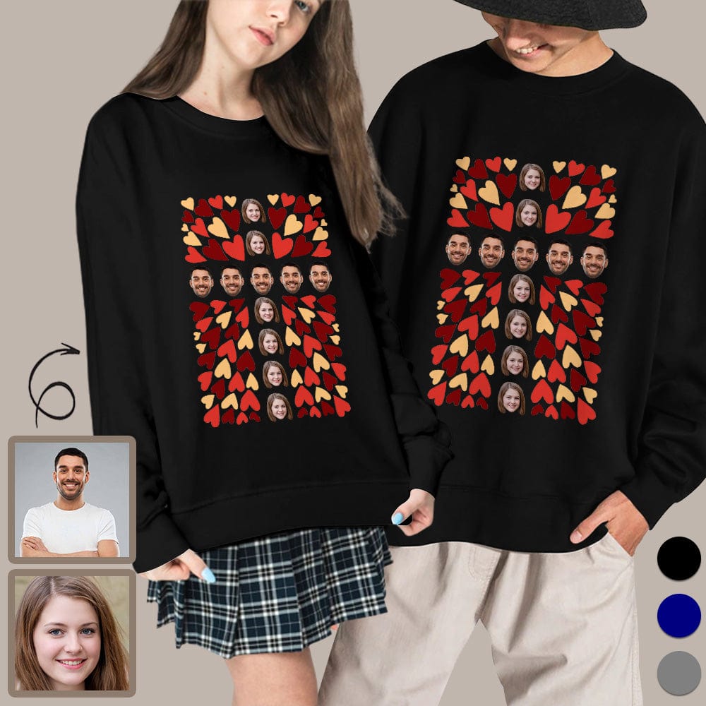 Custom Custom Face Couple Sweatshirt Personalized Love Hearts Matching Loose Sweatshirt for Him and Her Unisex Couple Crewneck Long Sleeve T-shirt - YesCustom