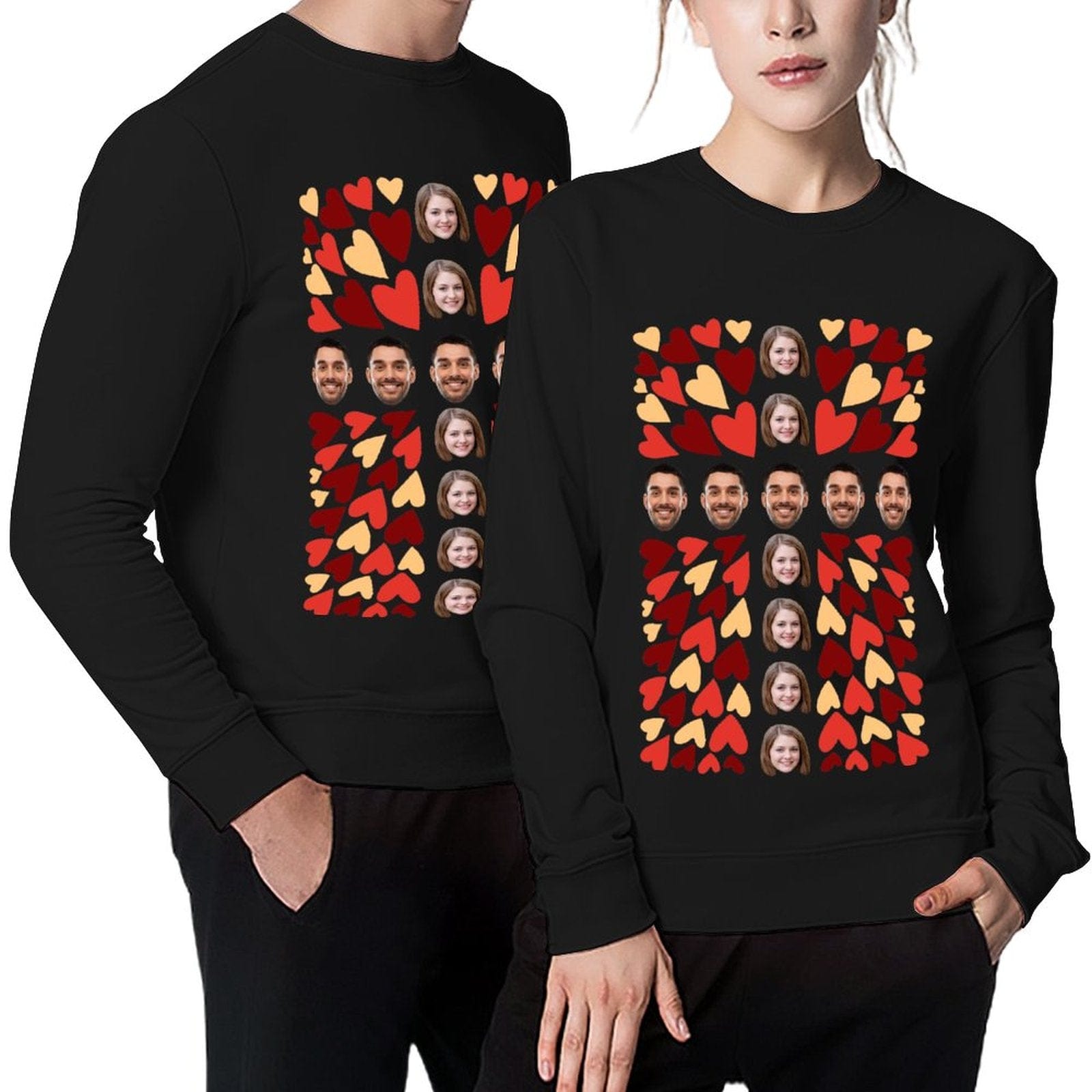 Custom Custom Face Couple Sweatshirt Personalized Love Hearts Matching Loose Sweatshirt for Him and Her Unisex Couple Crewneck Long Sleeve T-shirt - YesCustom
