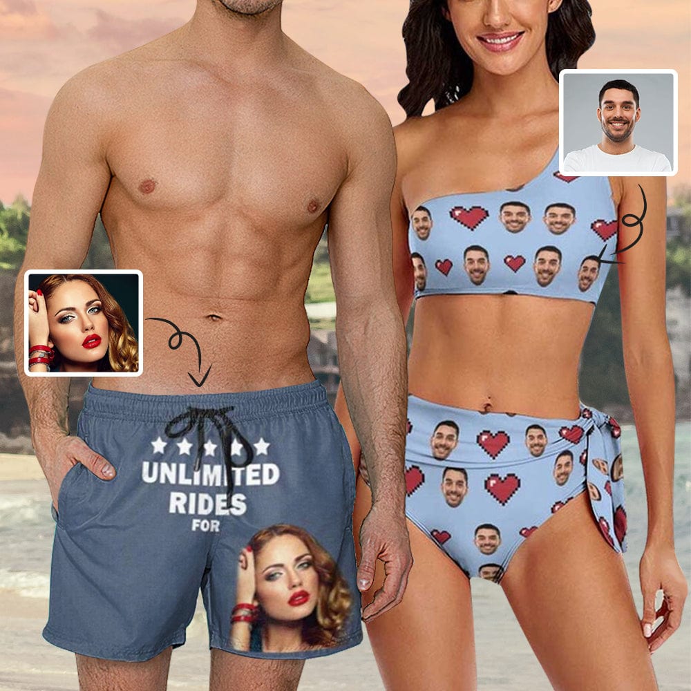 Custom Custom Face Couple Swimsuit Hot Sale Couple Matching Women's One Shoulder Tie Bikini Men's Swim Shorts - YesCustom