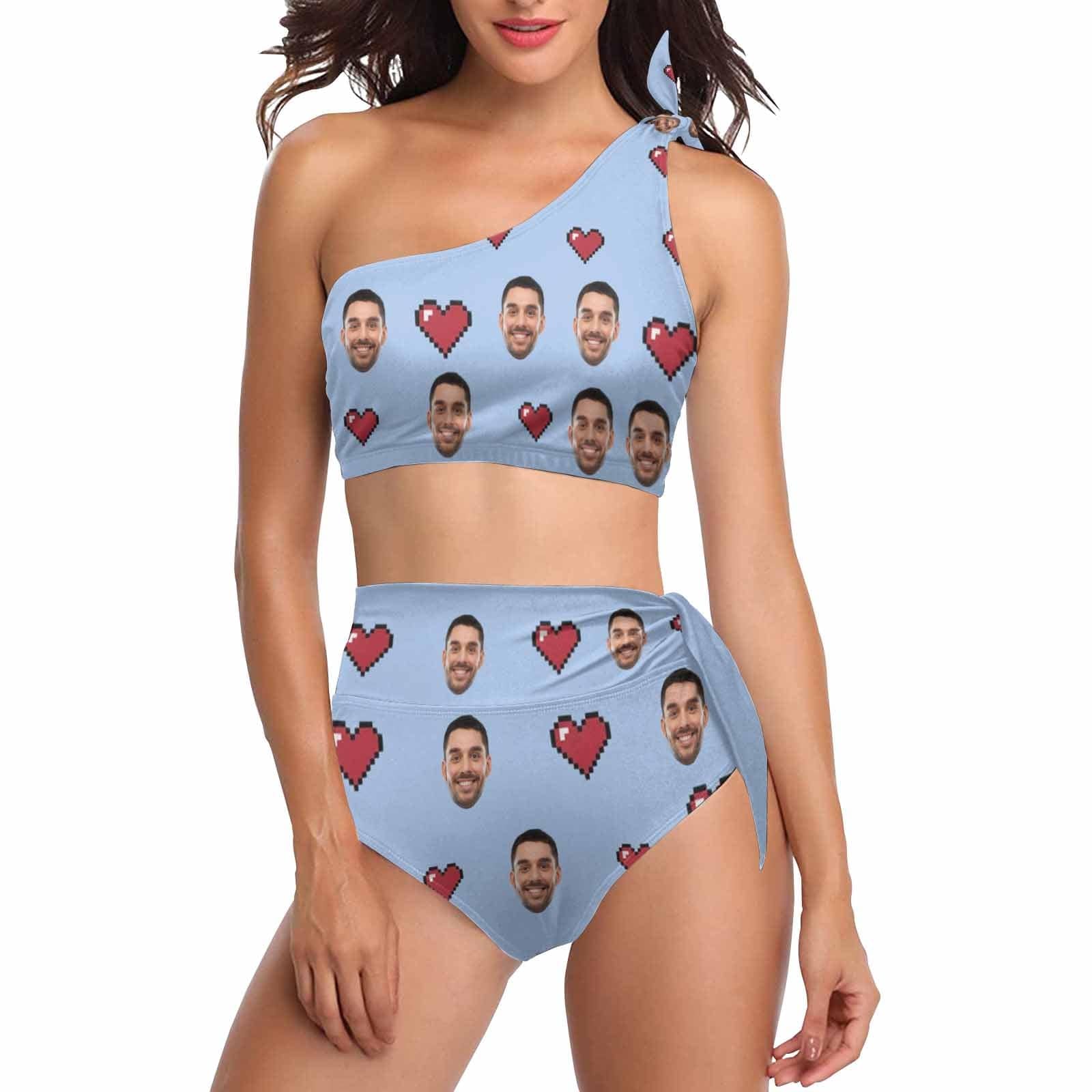 Custom Custom Face Couple Swimsuit Hot Sale Couple Matching Women's One Shoulder Tie Bikini Men's Swim Shorts - YesCustom