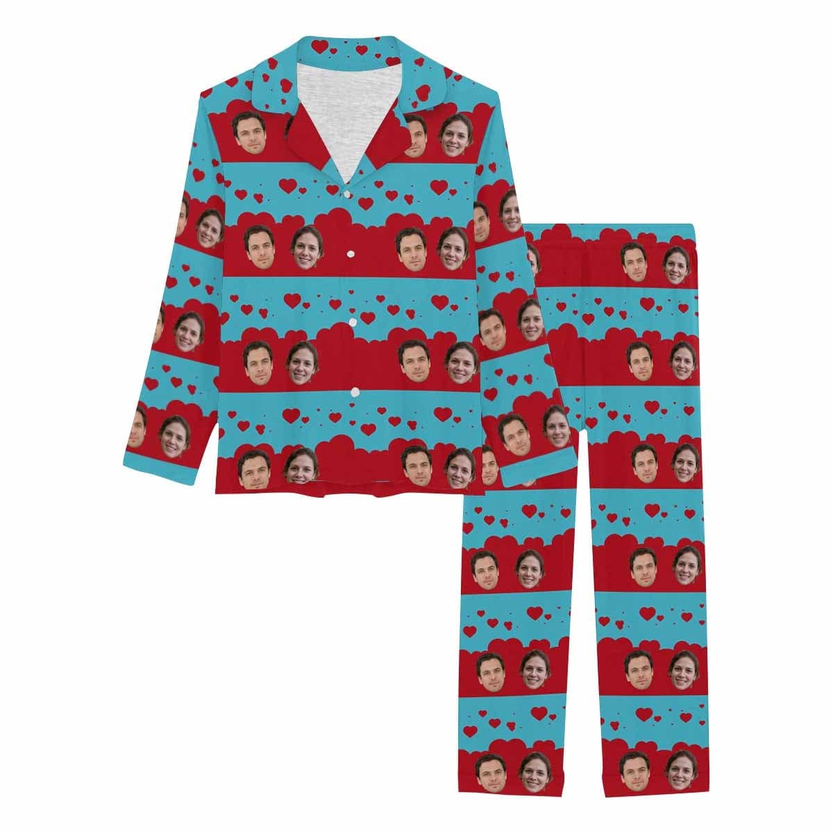 Custom Custom Face Couples Pajamas Love Heart Sleepwear Personalized Women's Slumber Party Long Pajama Set - YesCustom