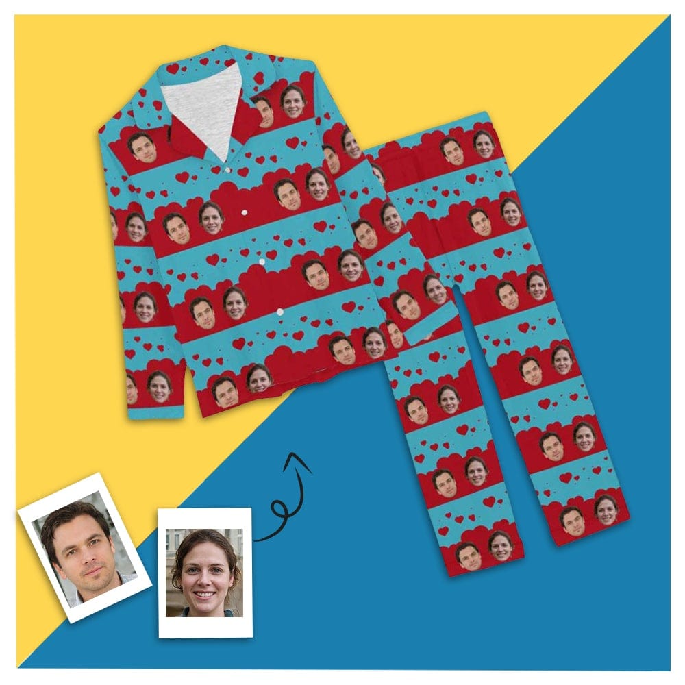 Custom Custom Face Couples Pajamas Love Heart Sleepwear Personalized Women's Slumber Party Long Pajama Set - YesCustom