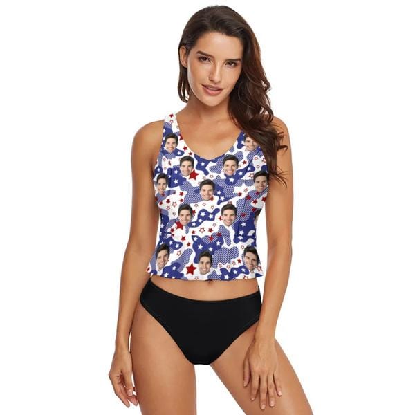 Custom Custom Face Cow Stars V-Neck Tankini For Women 2 Pieces Swimsuit - YesCustom