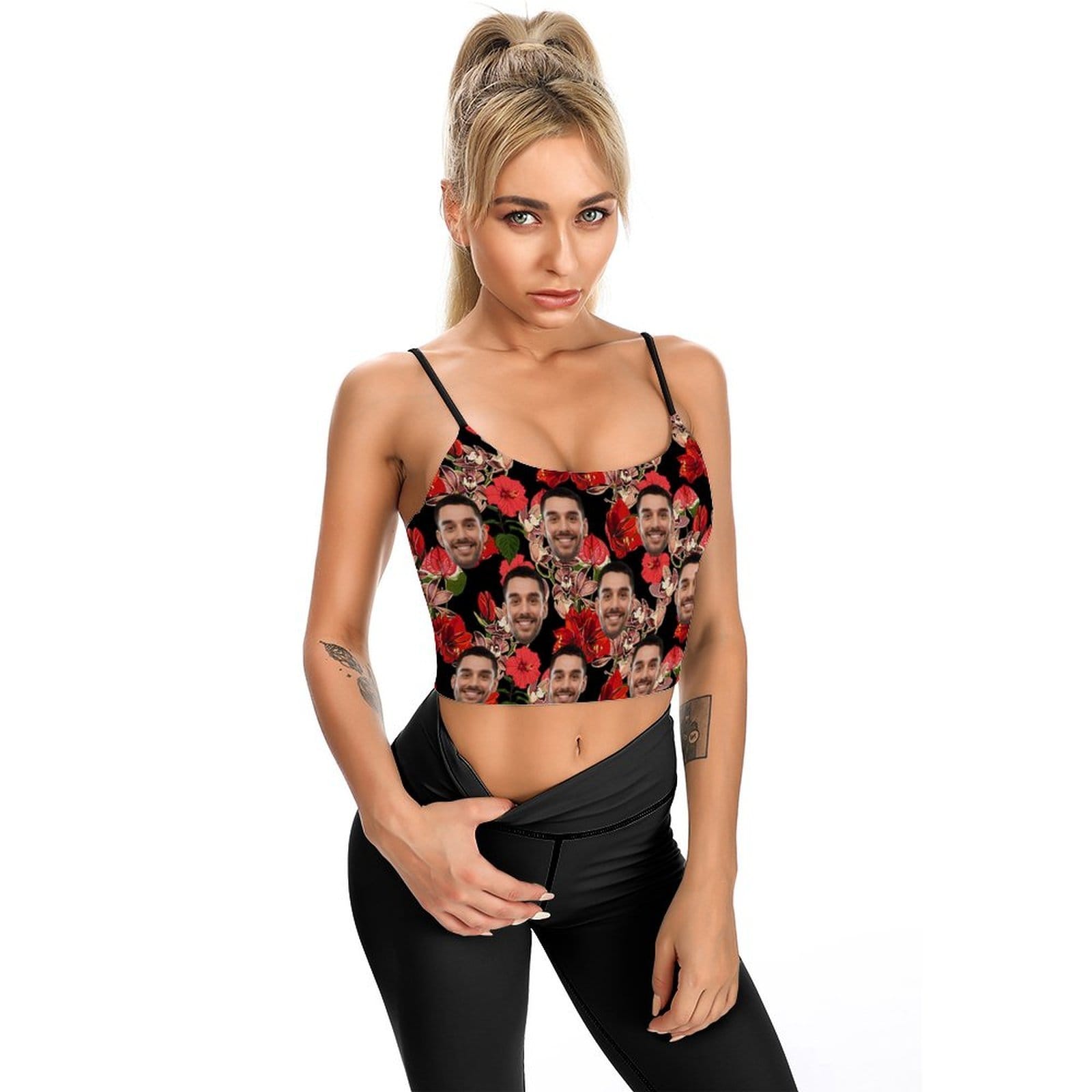 Custom Custom Face Crop Tops Big Red Flower Women's Crop Camisole Top (With Chest Pad) - YesCustom