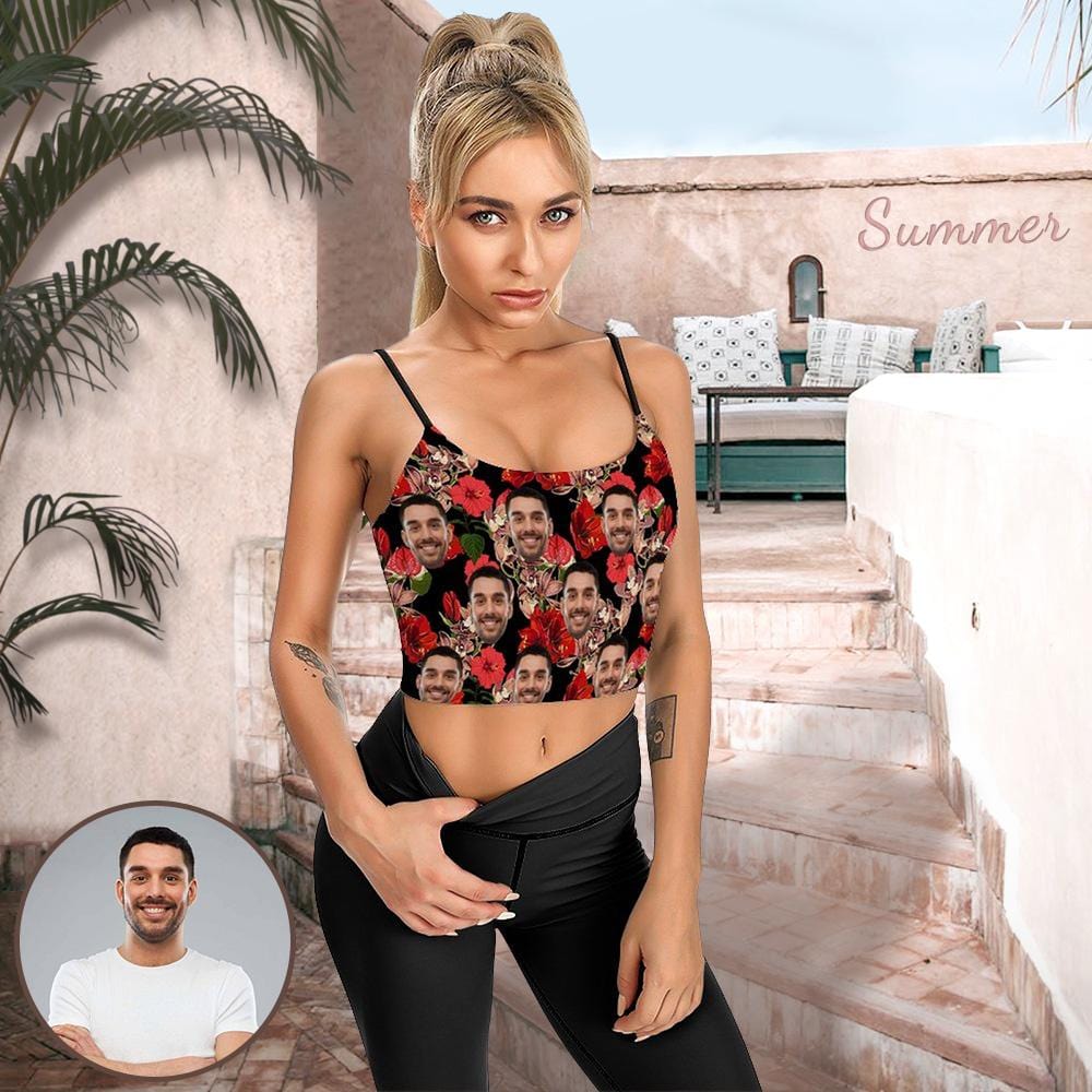 Custom Custom Face Crop Tops Big Red Flower Women's Crop Camisole Top (With Chest Pad) - YesCustom