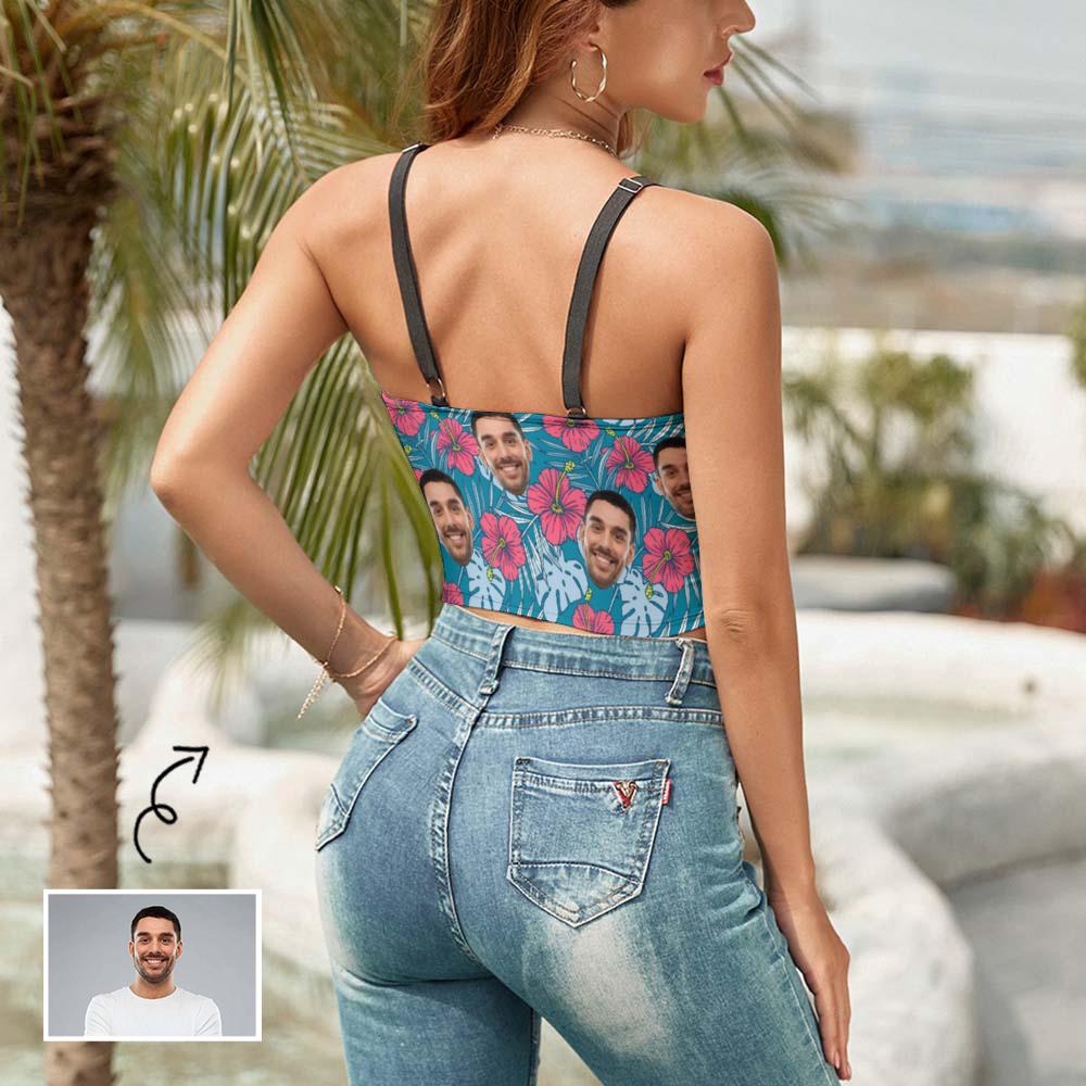 Custom Custom Face Crop Tops Personalized Flower Women's V-Neck Crop Camisole Top - YesCustom