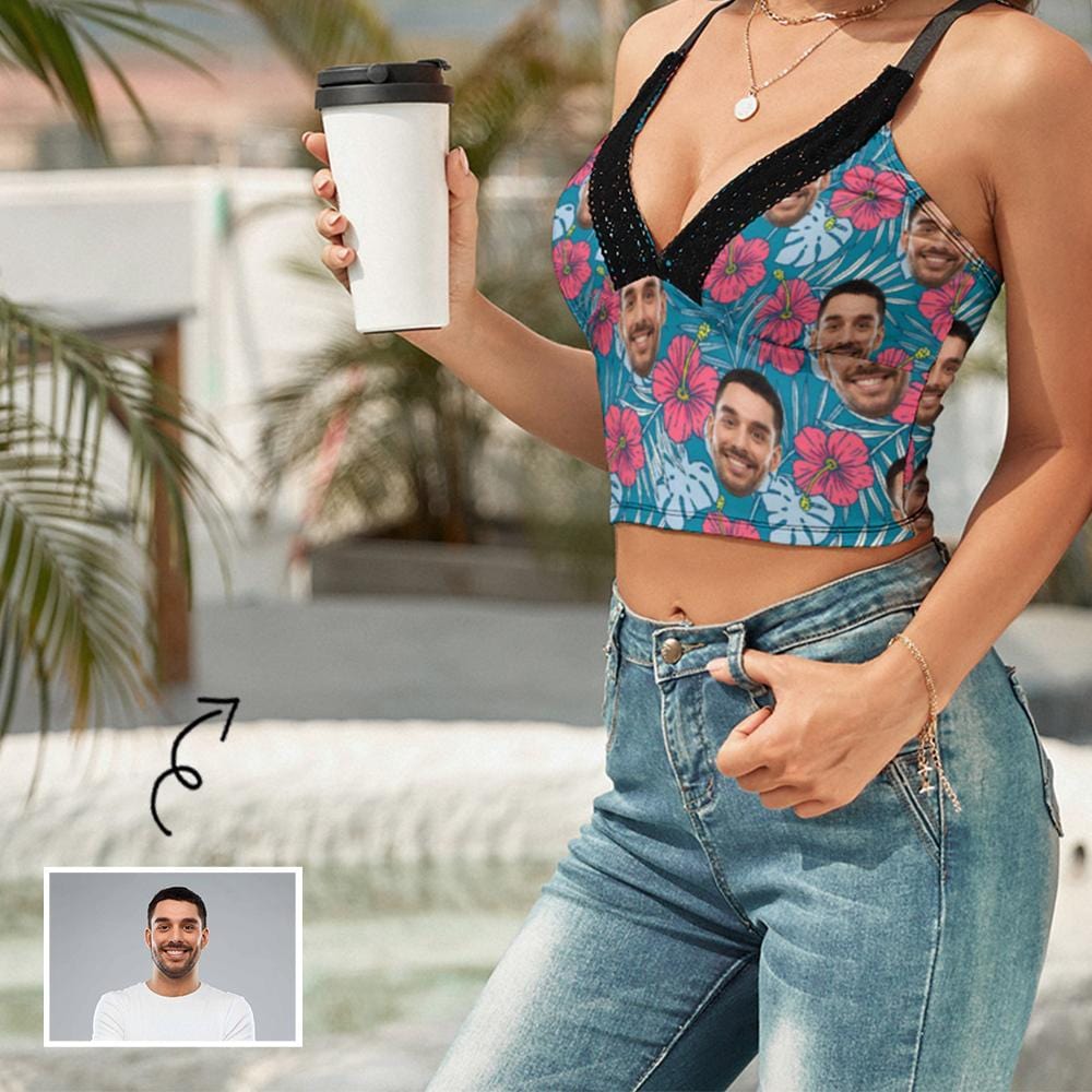 Custom Custom Face Crop Tops Personalized Flower Women's V-Neck Crop Camisole Top - YesCustom