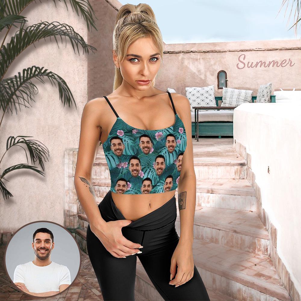 Custom Custom Face Crop Tops Tropical Plants Leopard Women's Crop Camisole Top (With Chest Pad) - YesCustom