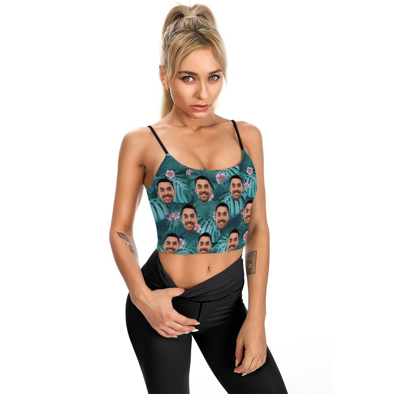 Custom Custom Face Crop Tops Tropical Plants Leopard Women's Crop Camisole Top (With Chest Pad) - YesCustom