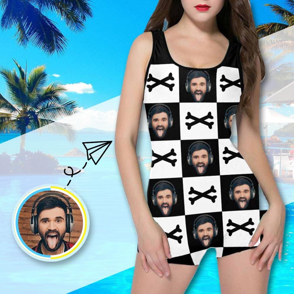 Custom Custom Face Crossbones Swimsuit Personalized Women's One Piece Boyleg Bathing Suit Funny Gift Idea - YesCustom