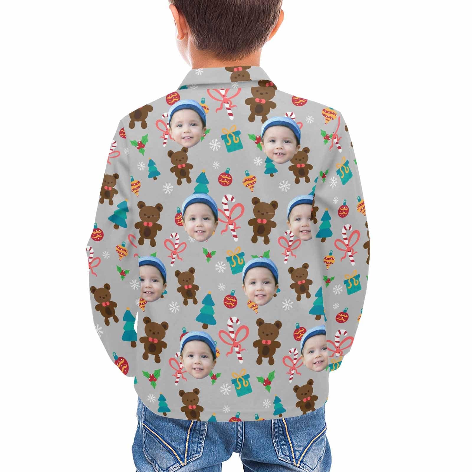 Custom Custom Face Cute Bear Grey Christmas Boys' Long Sleeve Polo Shirt - YesCustom