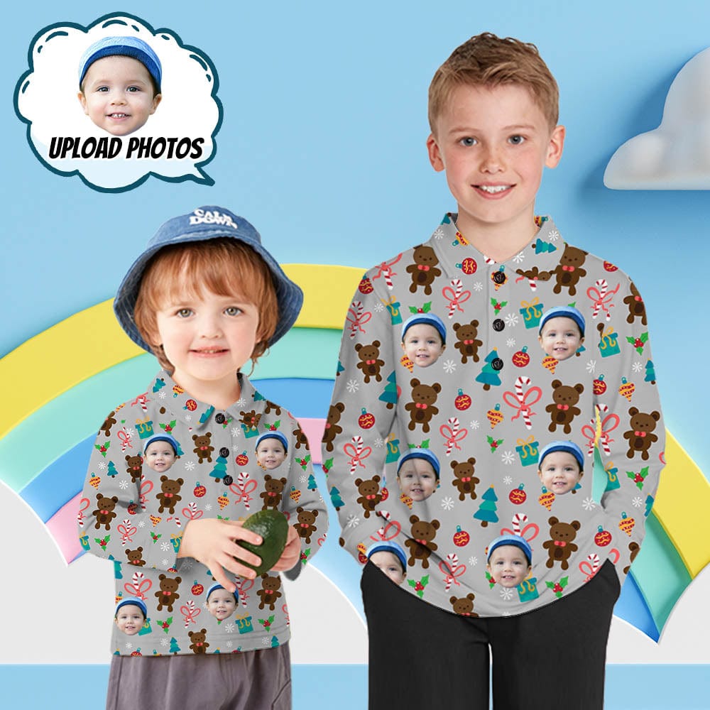 Custom Custom Face Cute Bear Grey Christmas Boys' Long Sleeve Polo Shirt - YesCustom