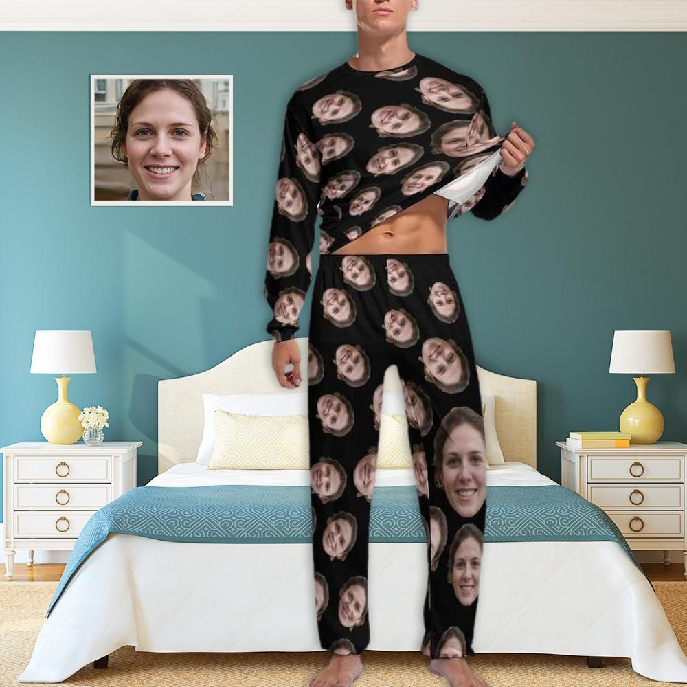 Custom Custom Face Cute Black Crewneck Long Sleeve Pajama Set Personalized Photo Sleepwear Sets Nightwear for Men&Women - YesCustom