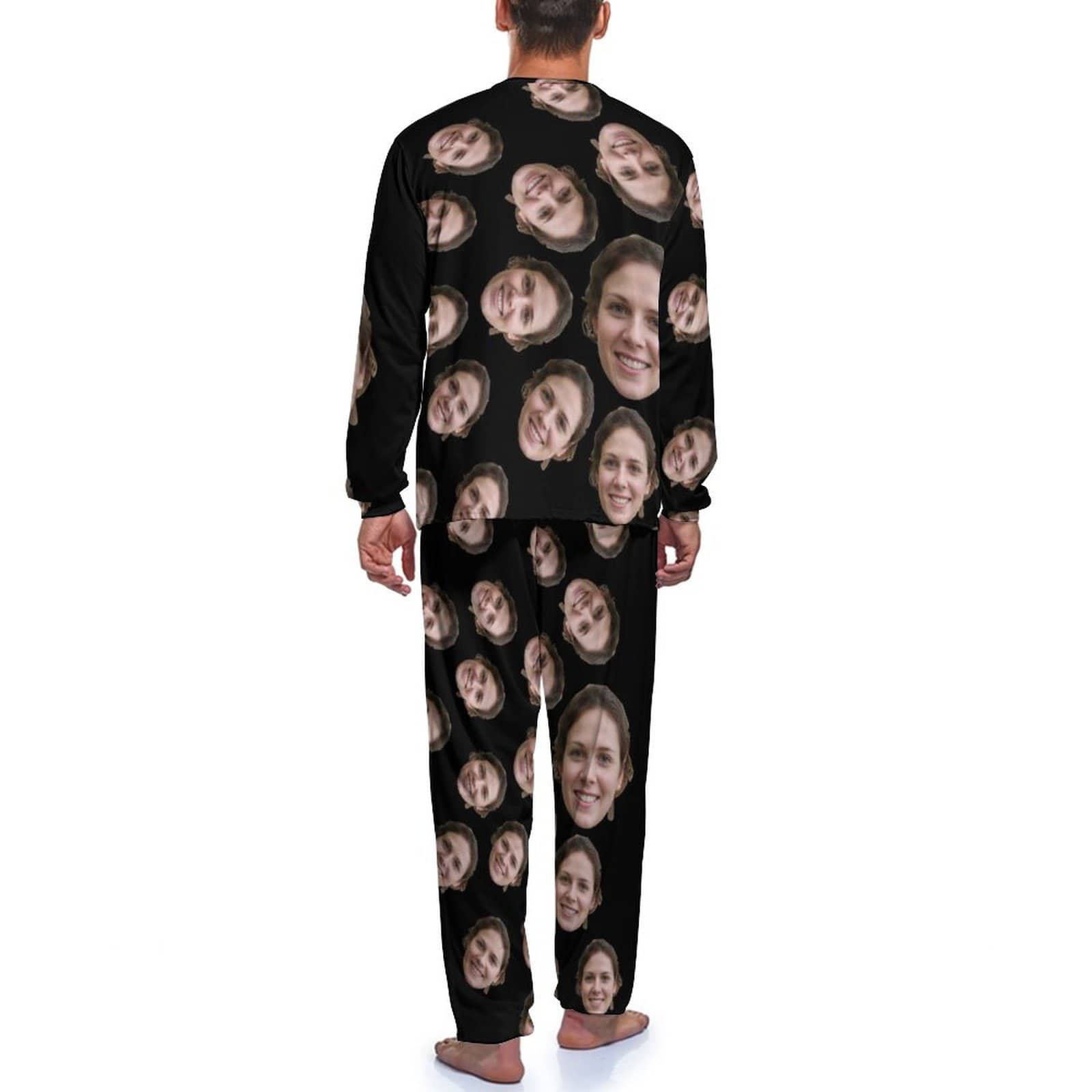 Custom Custom Face Cute Black Crewneck Long Sleeve Pajama Set Personalized Photo Sleepwear Sets Nightwear for Men&Women - YesCustom