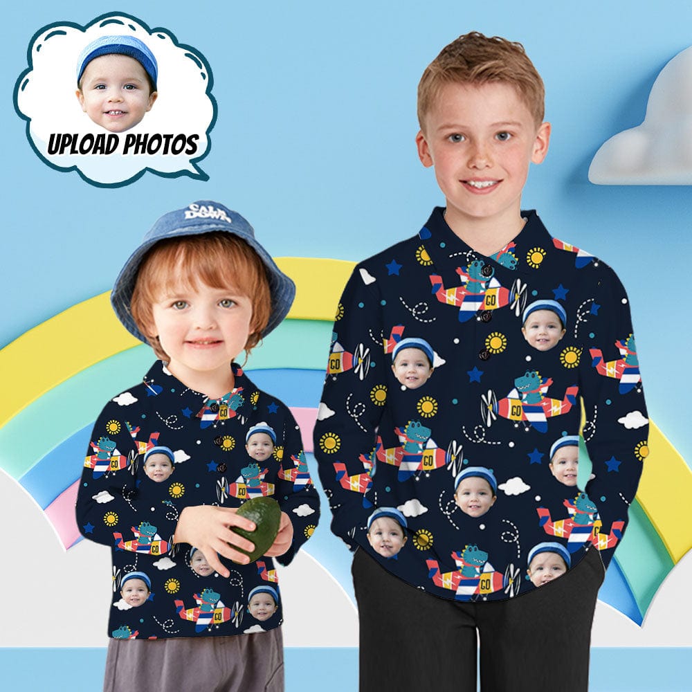 Custom Custom Face Cute Dinosaur Plane Boys' Long Sleeve Polo Shirt - YesCustom