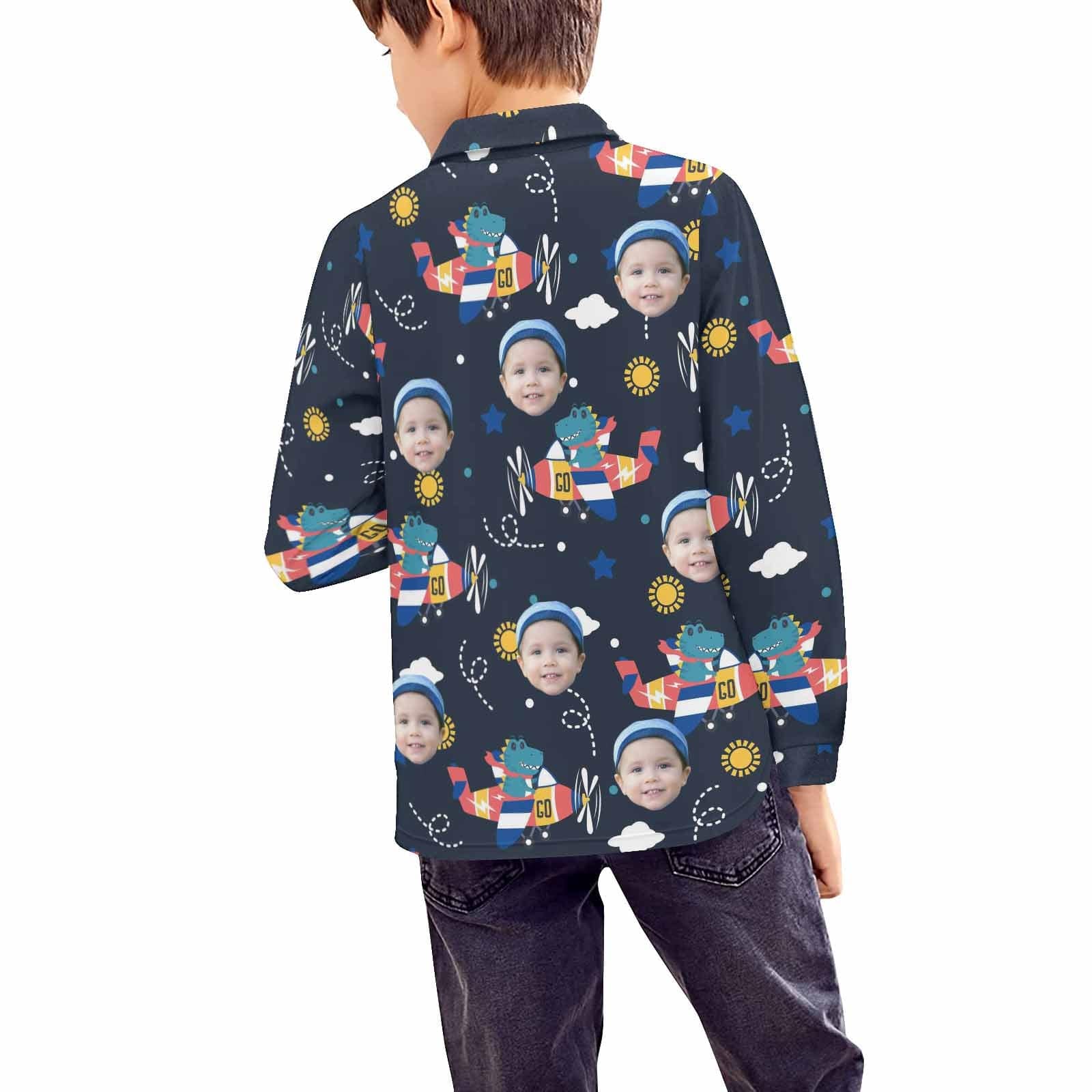 Custom Custom Face Cute Dinosaur Plane Boys' Long Sleeve Polo Shirt - YesCustom