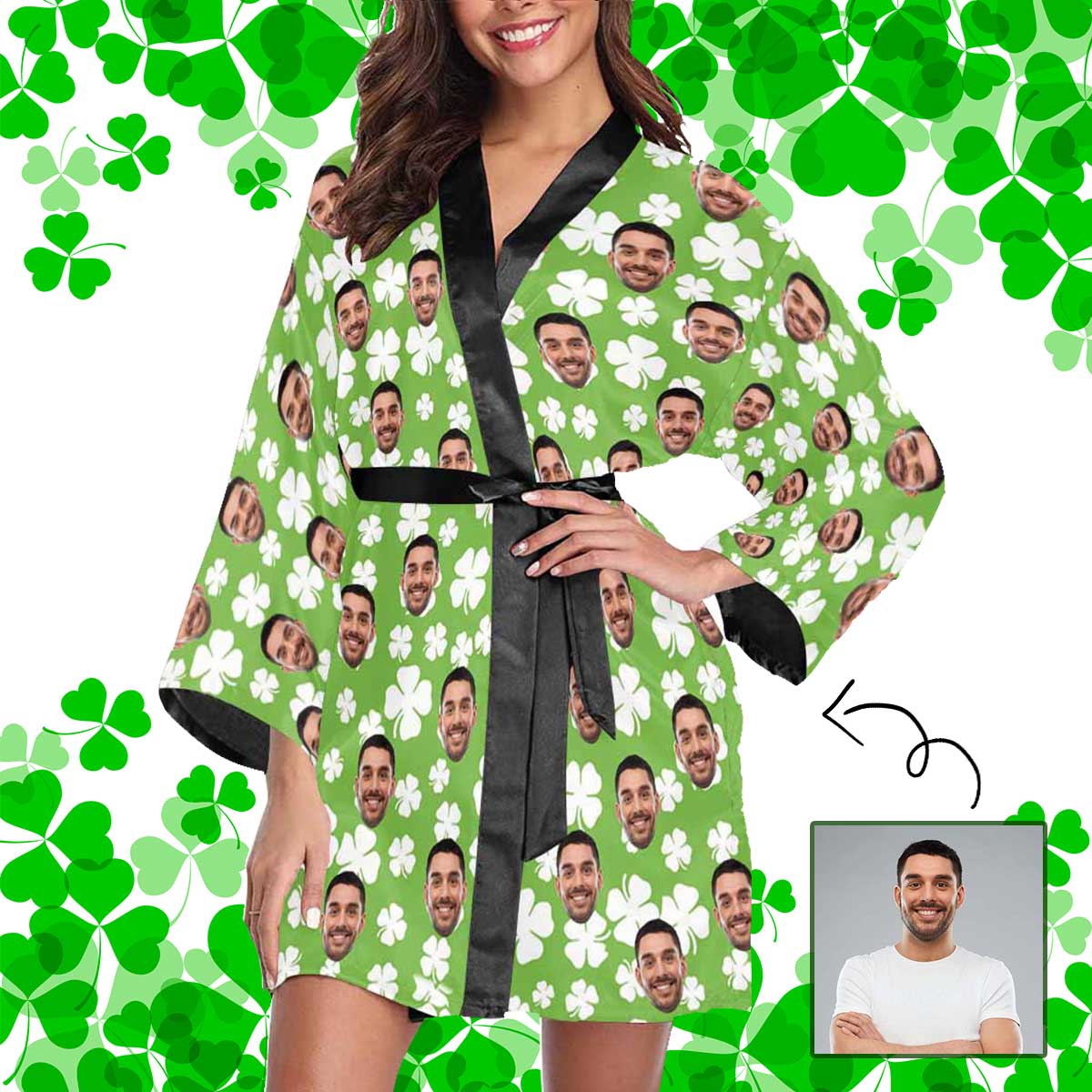Custom Custom Face Cute Green Clover Women's Short Pajama Kimono Robe - YesCustom