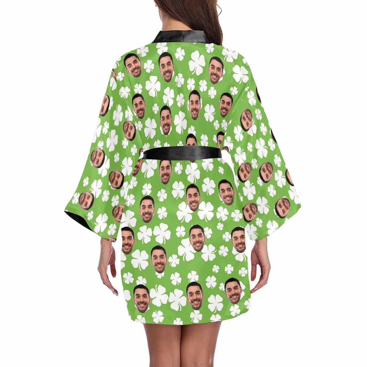 Custom Custom Face Cute Green Clover Women's Short Pajama Kimono Robe - YesCustom