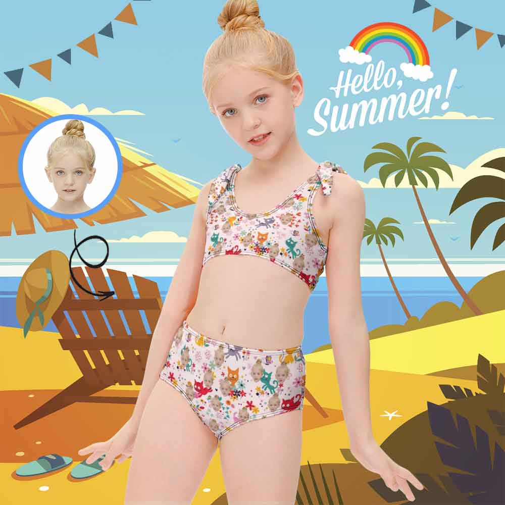 Custom Custom Face Cute Kitten Kid's Strap Swimsuit Design Your Own Swimwear Gift - YesCustom