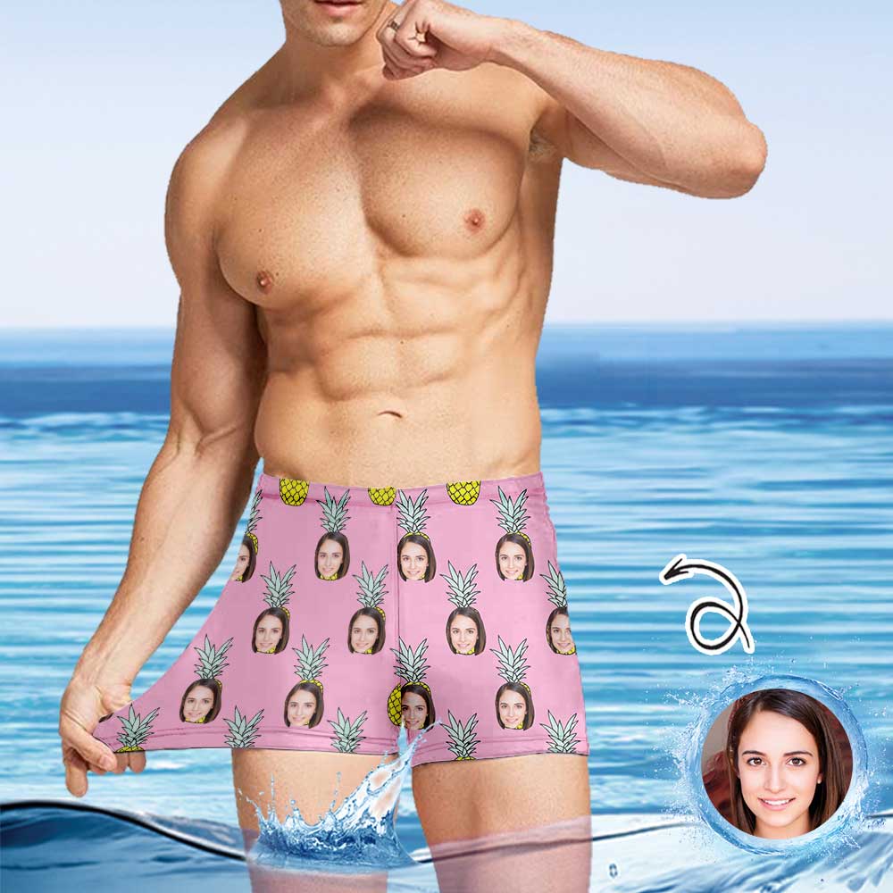 Custom Custom Face Cute Pink Pineapple Men's Athletic Swim Jammers Quick Dry Waterproof Compression Square Leg Swim Briefs Swimsuit - YesCustom