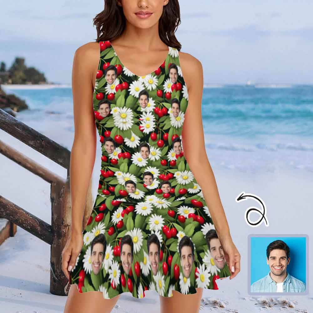 Custom Custom Face Daisy Cherry Green Swimdress For Women One Piece Swimsuit Custom Picture Bathing Suit - YesCustom