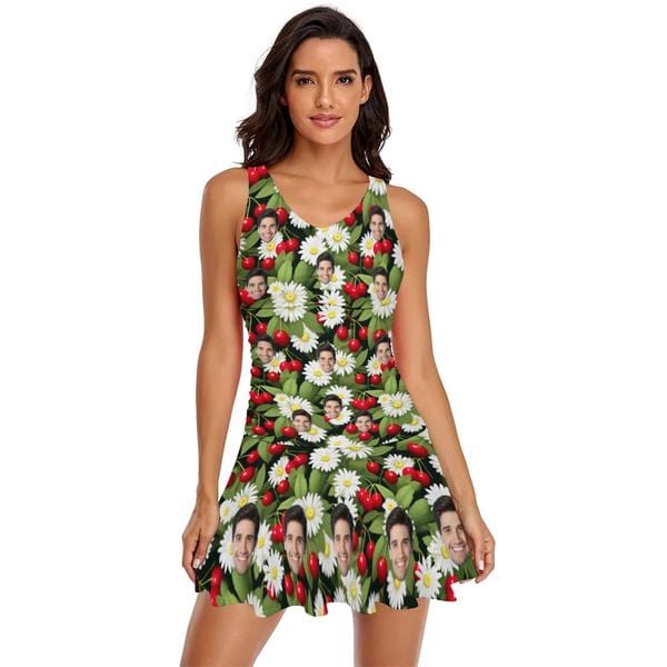 Custom Custom Face Daisy Cherry Green Swimdress For Women One Piece Swimsuit Custom Picture Bathing Suit - YesCustom