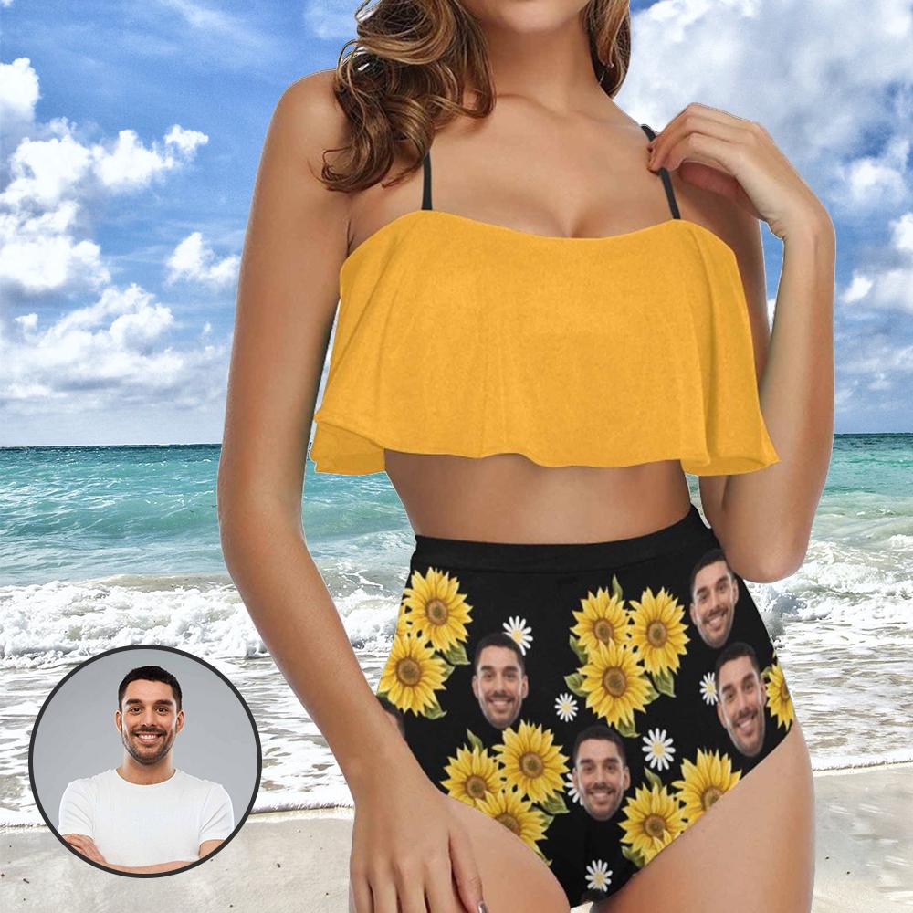 Custom Custom Face Daisy Ruffle Bikini Personalized Bathing Suit Women's Two Piece High Waisted Bikini Swimsuit Summer Beach Pool Outfits - YesCustom