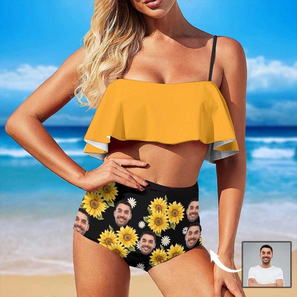 Custom Custom Face Daisy Ruffle Bikini Personalized Bathing Suit Women's Two Piece High Waisted Bikini Swimsuit Summer Beach Pool Outfits - YesCustom