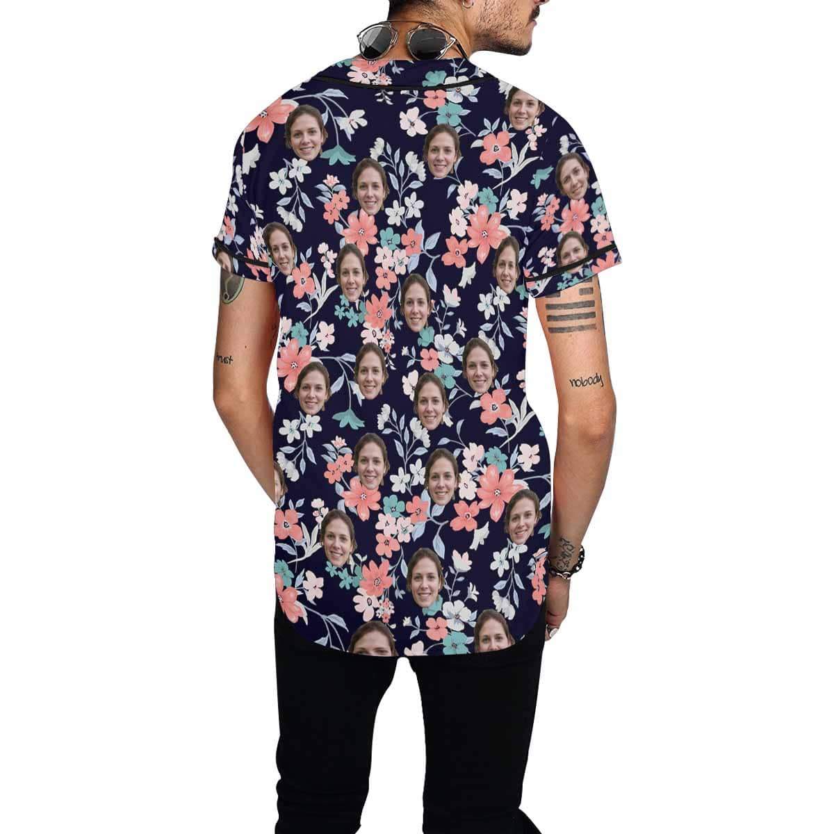 Custom Custom Face Dark Blue Flower Men's All Over Print Baseball Jersey - YesCustom