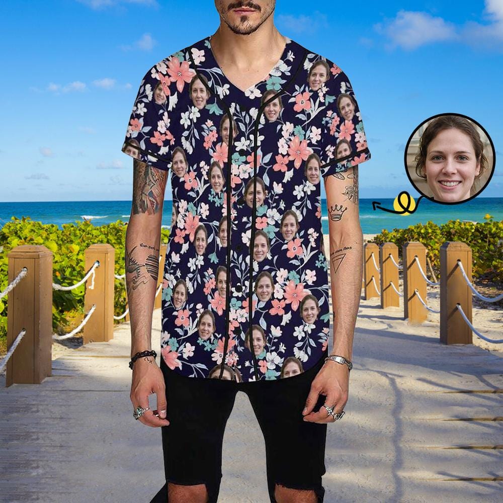 Custom Custom Face Dark Blue Flower Men's All Over Print Baseball Jersey - YesCustom