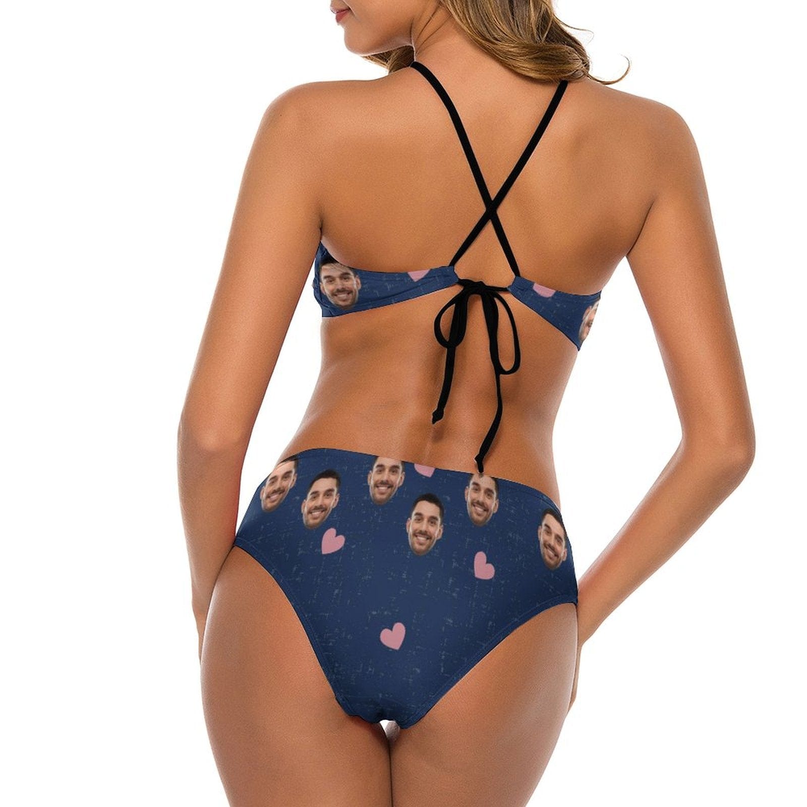 Custom Custom Face Dark Blue High Neck Cutout High Waisted Bikini Personalized Women's Two Piece Swimsuit Beach Outfits - YesCustom