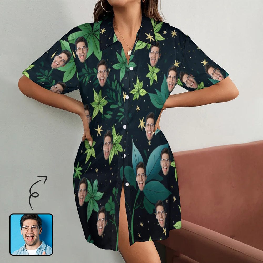 Custom Custom Face Dark Green Vegetation Satin Nightgown For Women Silk Nightshirt Button Down Pajamas Dress Boyfriend Sleepshirt S-3XL - YesCustom
