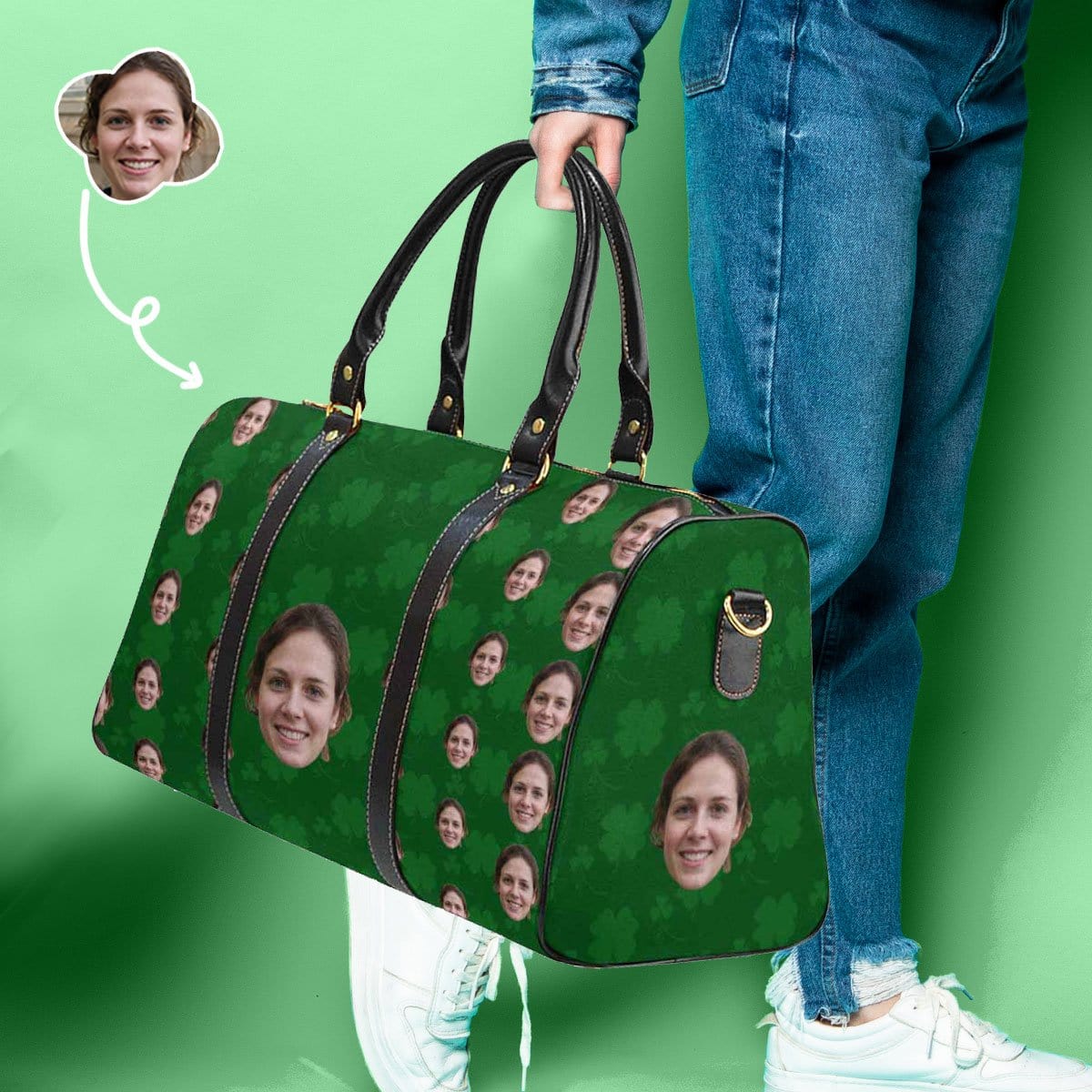 Custom Custom Face Deep Green Clover Travel Bag - YesCustom