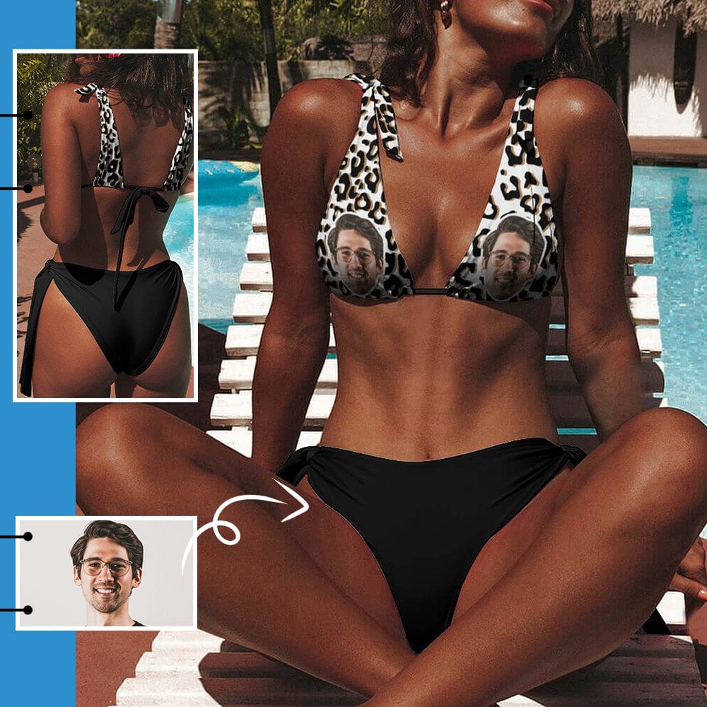 Custom Custom Face Deep V Neck Tie Side Low Waisted Triangle Bikini Personalized Bathing Suit Women's Two Piece Swimsuit Summer Beach Pool Outfits - YesCustom