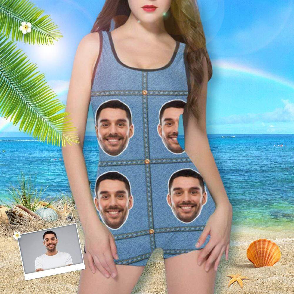 Custom Custom Face Denim Blue Women's One Piece Boyleg Swimsuit - YesCustom