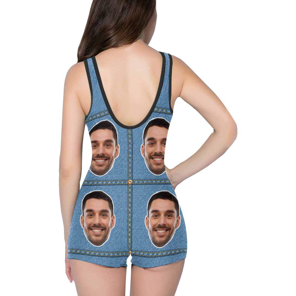 Custom Custom Face Denim Blue Women's One Piece Boyleg Swimsuit - YesCustom