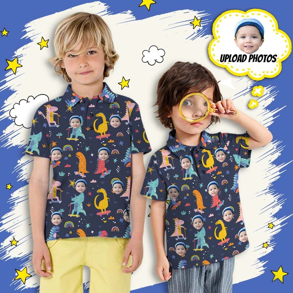 Custom Custom Face Dinosaur Dark Blue Boys' Polo Shirt - YesCustom