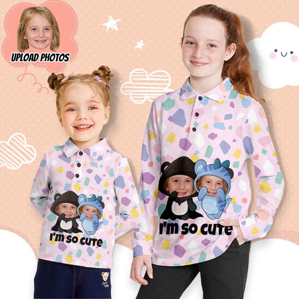 Custom Custom Face Dinosaur Girls' Long Sleeve Polo Shirt - YesCustom