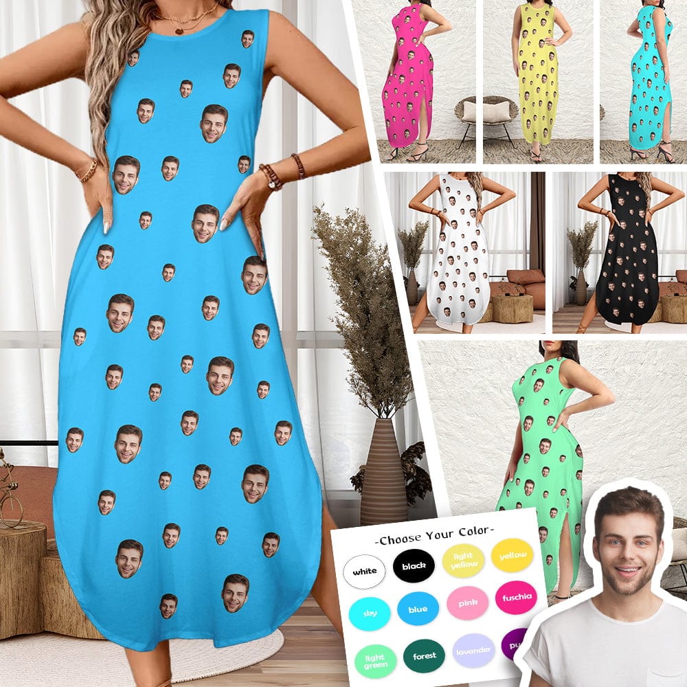 Custom Custom Face DIY Colors Women's Round Neck Sleeveless Sundress Pocket Maxi Dress - YesCustom