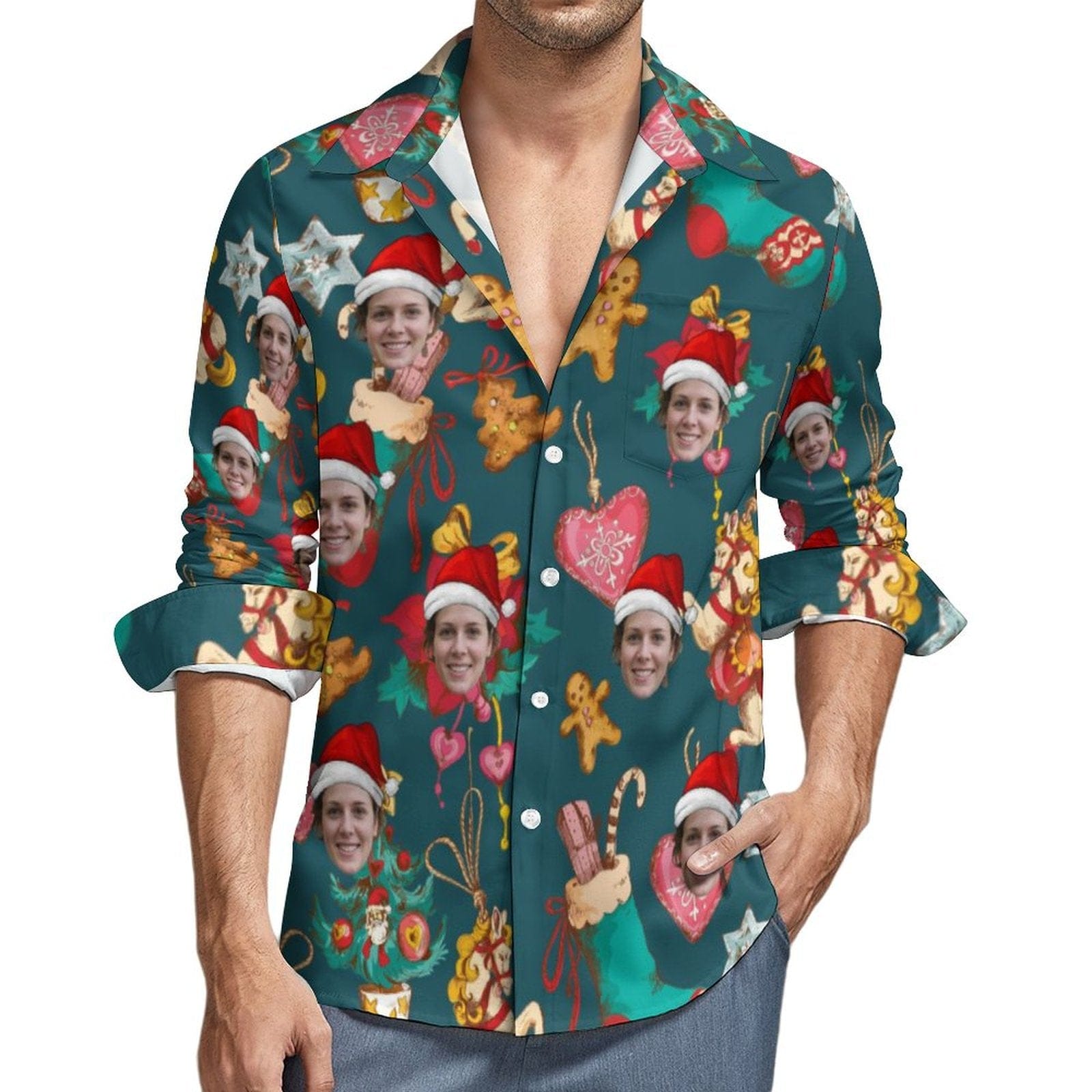 Custom Custom Face Doll Christmas Elements Hawaiian Shirts Men's Long Sleeve Shirt Personalized Face Shirt Gift for Him - YesCustom