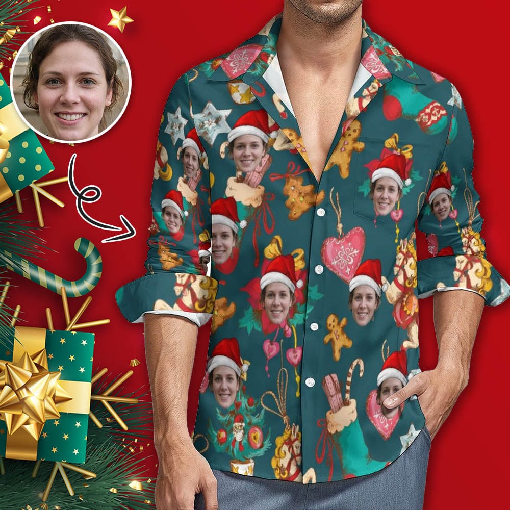Custom Custom Face Doll Christmas Elements Hawaiian Shirts Men's Long Sleeve Shirt Personalized Face Shirt Gift for Him - YesCustom